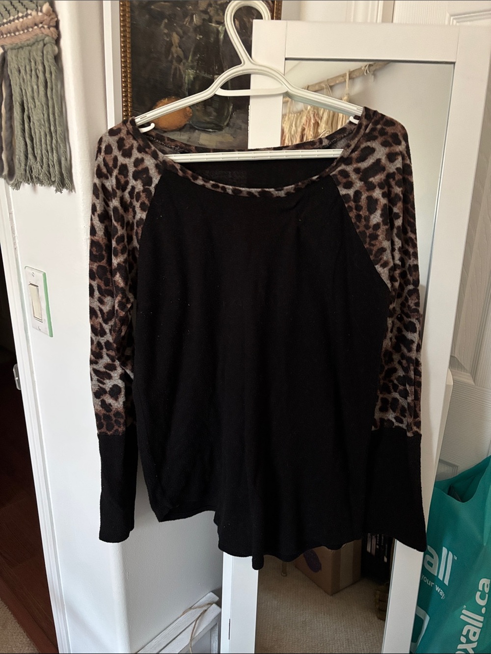 Black Top with Brown Leopard Raglan Sleeves